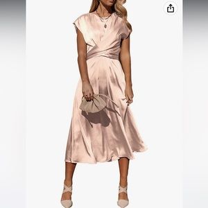 PRETTYGARDEN Summer Satin Midi Dress Cap Sleeve Tie Waist Elegant A-Line Flowy